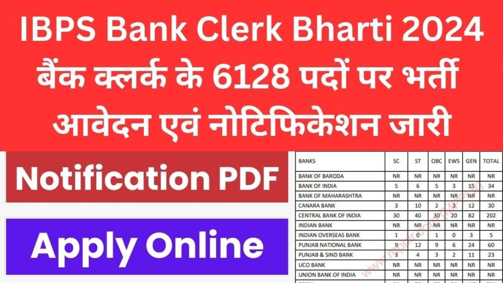 IBPS Bank Clerk Bharti 2024:आईबीपीएस बैंक क्लर्क के 6128 पदों पर भर्ती आवेदन एवं नोटिफिकेशन जारी