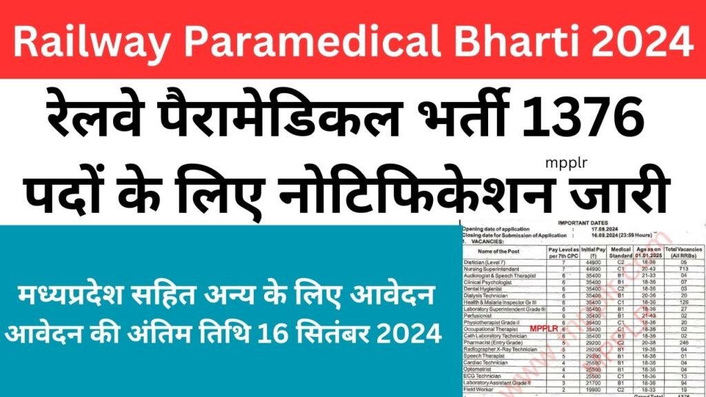 Railway Paramedical Bharti 2024,रेलवे पैरामेडिकल भर्ती 1376 पदों के लिए नोटिफिकेशन जारी मध्यप्रदेश सहित अन्य के लिए आवेदन