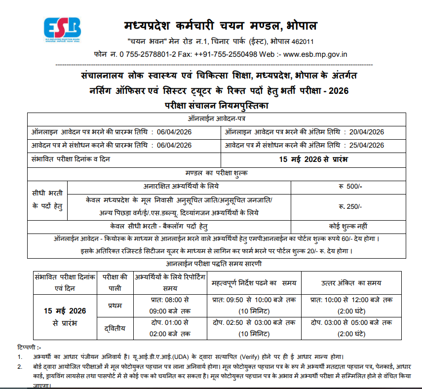 MP ESB Recruitment 2026,Nursing Officer & Sister Tutor:मध्यप्रदेश में नर्सिंग ऑफिसर और सिस्टर ट्यूटर के पदों पर बंपर भर्ती