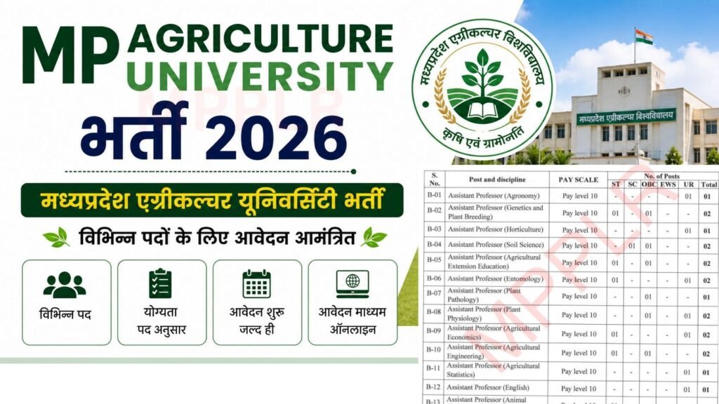 MP Agriculture University Bharti 2026:मध्यप्रदेश एग्रीकल्चर यूनिवर्सिटी भर्ती,विभिन्न पदों के लिए आवेदन