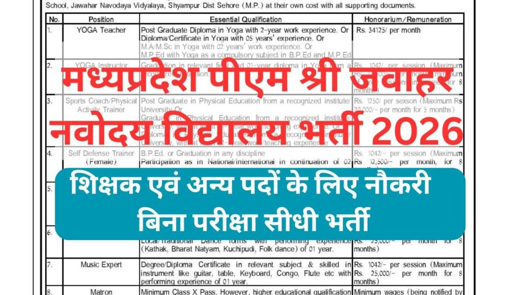 मध्यप्रदेश पीएम श्री जवाहर नवोदय विद्यालय भर्ती:MP JNV Teacher And Other Post Bharti 2026,बिना परीक्षा शिक्षकों की भर्ती