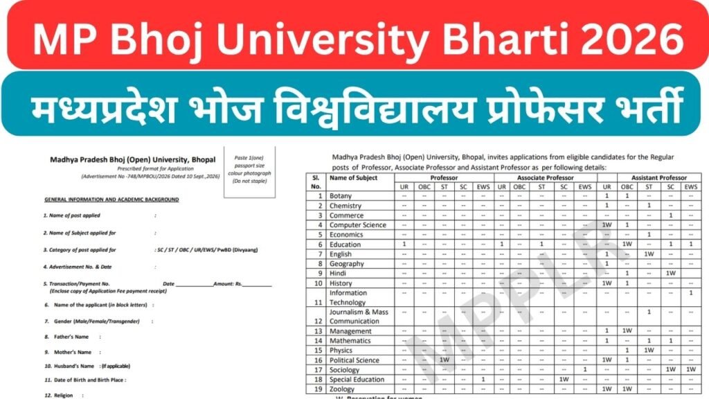 MP Bhoj University Bharti 2026:मध्यप्रदेश भोज विश्वविद्यालय प्रोफेसर भर्ती आवेदन